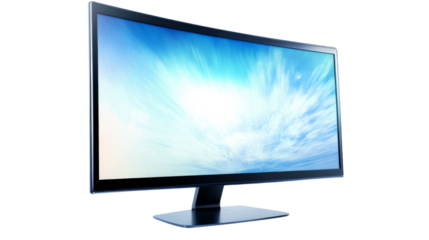 Modern wide screen monitor displaying blue sky on transparent background