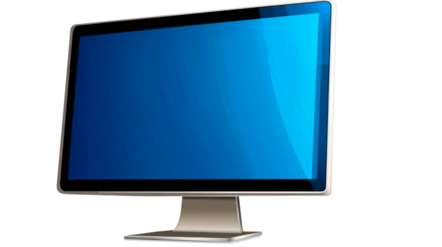 Modern computer monitor displaying vibrant blue screen on transparent background