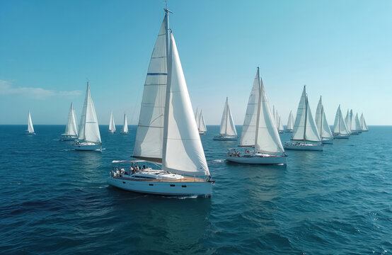 Many sail yachts participate at regatta race with white sails on opened sea. Blue ocean water ripples under boats against clear sky. Water sport event, yachting competition.