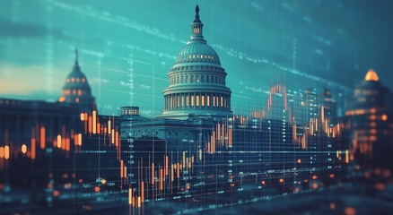 Economic data overlays on United States Capitol at dusk with city skyline