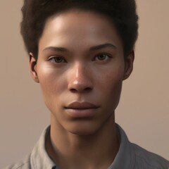 Fototapeta premium A highly detailed, hyper-realistic close-up portrait of an AI-generated human face. This digital artwork features lifelike skin textures, expressive eyes, and natural lighting.