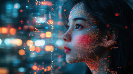 Side profile of an AI researcher with data visuals and futuristic city lights at night