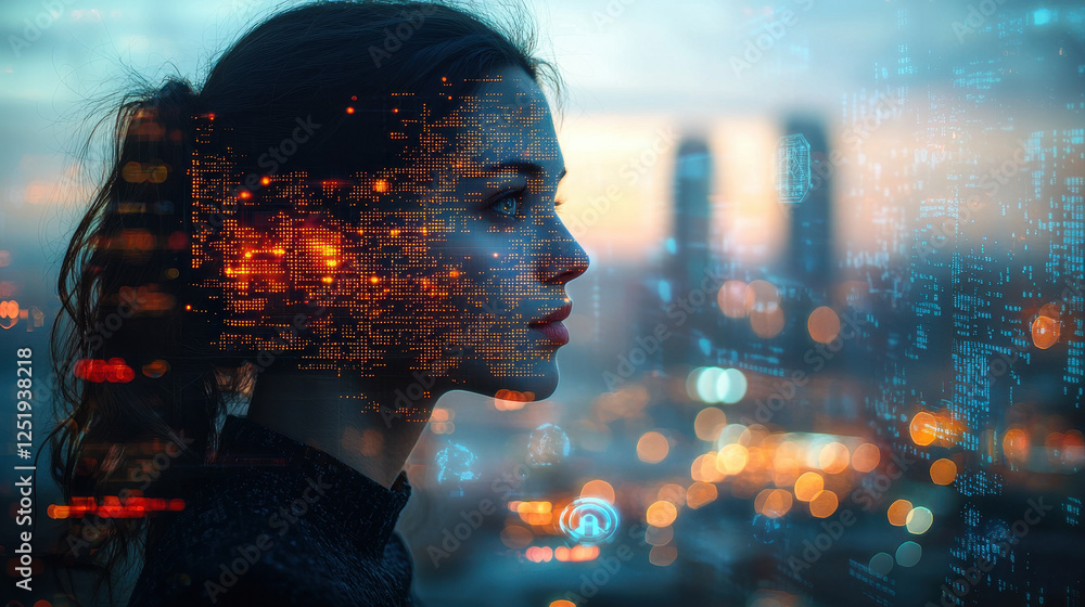 Poster ai researcher contemplative in urban setting with futuristic visuals and deep learning themes
