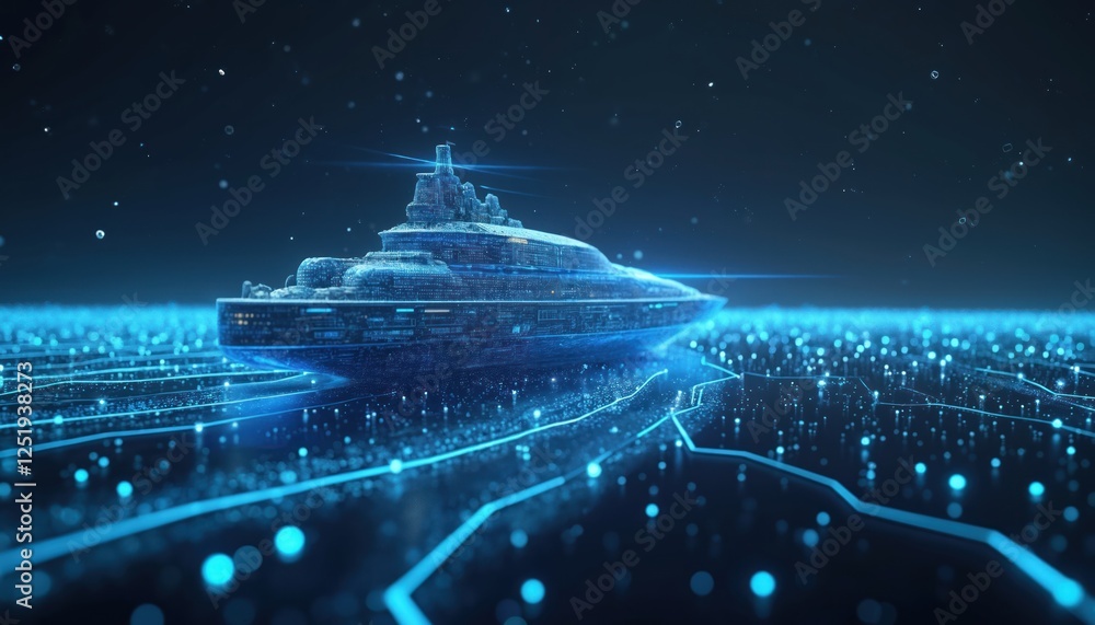 Aufkleber illustration of futuristic digital ship sailing in virtual reality sea. tech yacht floats above neon