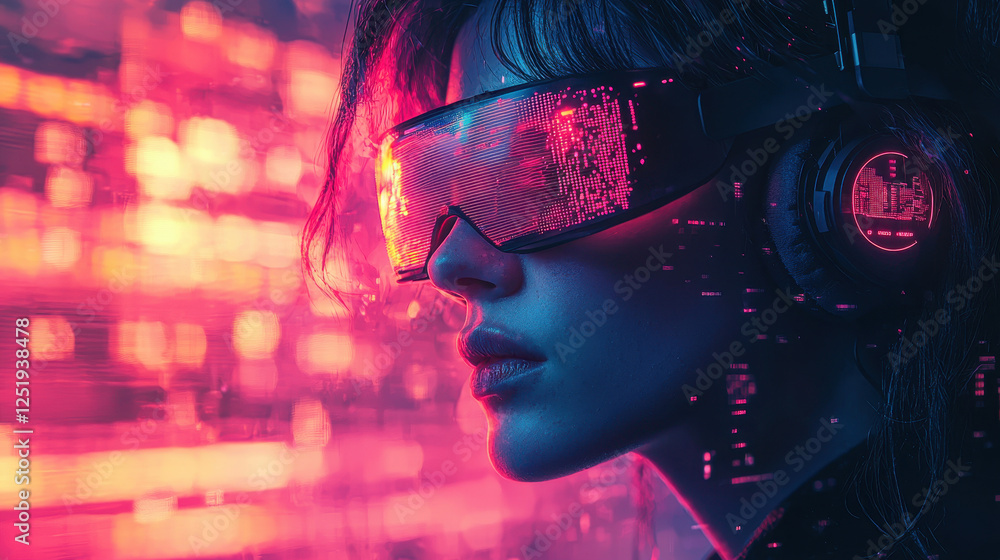 Poster silhouette of a game developer blends with retro-futuristic pixel art and vivid neon colors