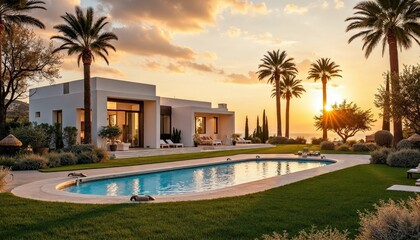 Luxury Modern Villa with Pool at Sunset - Coastal Paradise Living