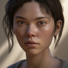 A highly detailed, hyper-realistic close-up portrait of an AI-generated human face. This digital artwork features lifelike skin textures, expressive eyes, and natural lighting.