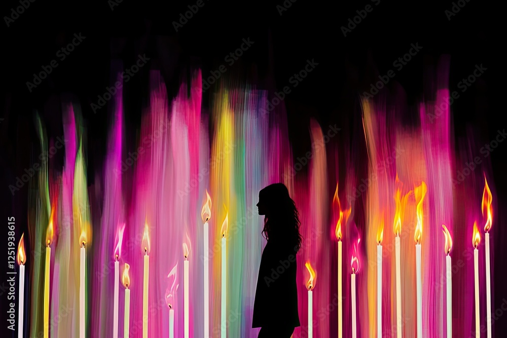 Poster minimalist display of candles with vivid neon flames dancing against the dark backdrop