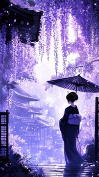 Geisha beneath wisteria in a serene japanese garden scene