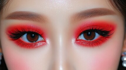 Naklejka premium Cherry Inspired Makeup Showcasing Bold Red Hues and Striking Eye Aesthetics in a Glamorous Setting