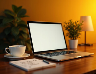 Mockup, Gemütlicher Arbeitsplatz mit Laptop, Kaffee und Pflanzen, Homeoffice