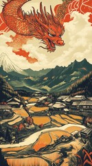 Obraz premium An enormous red dragon overlooks a japanese landscape with rice terraces