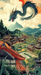 Naklejka premium Asian dragon soars above village with rice paddy terraces
