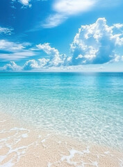 Fototapeta premium Pristine Tropical Beach With Clear Water featuring white sand, turquoise sea, and a blue sky with scattered clouds, creating a serene and idyllic coastal scene.