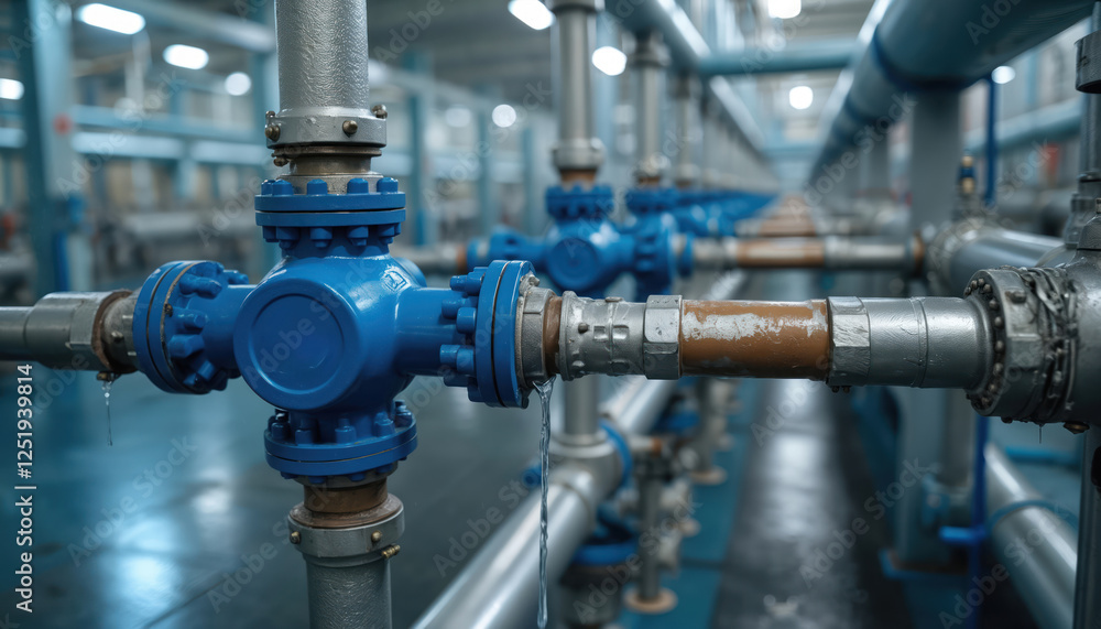 Poster automated water monitoring system in industrial factory. pipes, pipelines, blue valves for efficient