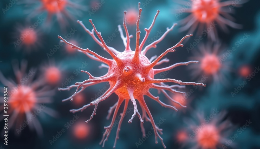 Poster illustration of interconnected neuron cells with electrical pulses. neurons activity. red nerve cell