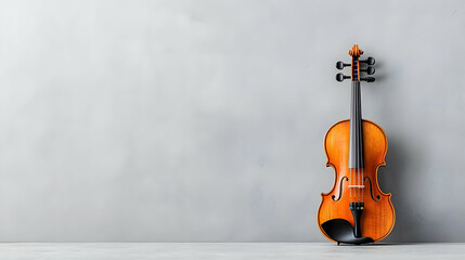 Violin against grey wall, music instrument, studio shot, copy space