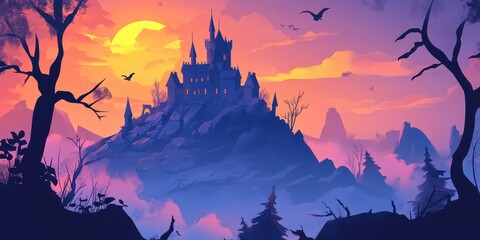 Illustration depicting a majestic castle perched atop a misty mountain