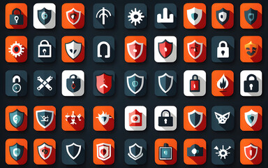 Vector icons for online security, malware protection, and firewalls