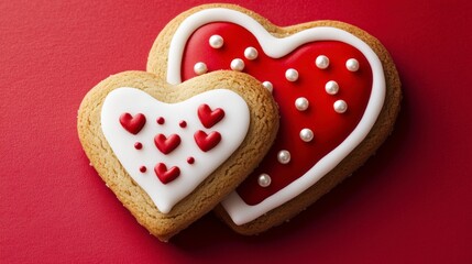 Two Heart Shaped Cookies With Red Icing And White Icing On Red Background