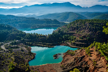 Obraz premium Turquoise Mine Lakes in Evia Mountainous Landscape