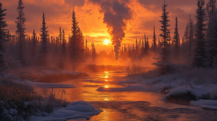 Obraz premium Frozen river reflecting golden sunrise through winter forest with rising steam. Natural winter landscape with snow covered pine trees