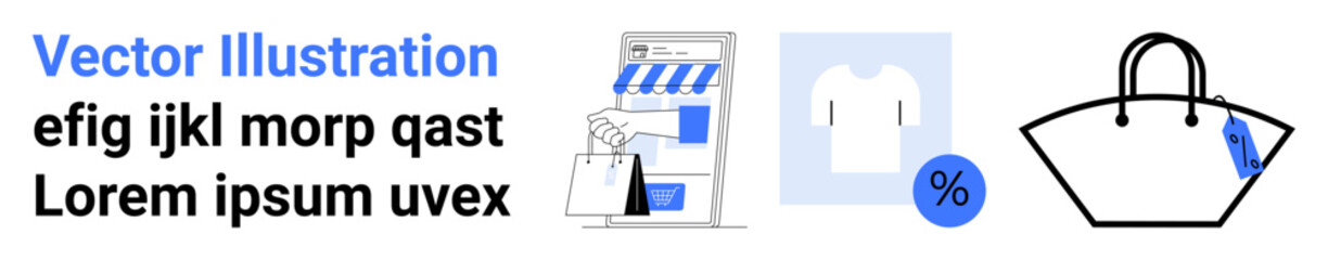 Storefront with shopping bags, T-shirt icon, percentage discount tag, and handbag illustration. Ideal for e-commerce, online store, retail, fashion sales, discounts marketing flat landing page