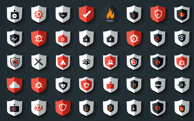 Vector icons for online security, malware protection, and firewalls