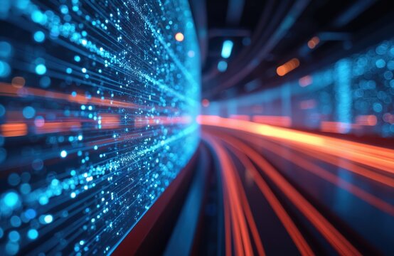Modern abstract high-speed data transmission tech concept. Blue fiber optic cables, warm glowing lights. Futuristic tunnel vision, datum transmission, high speed technology, abstract communication,