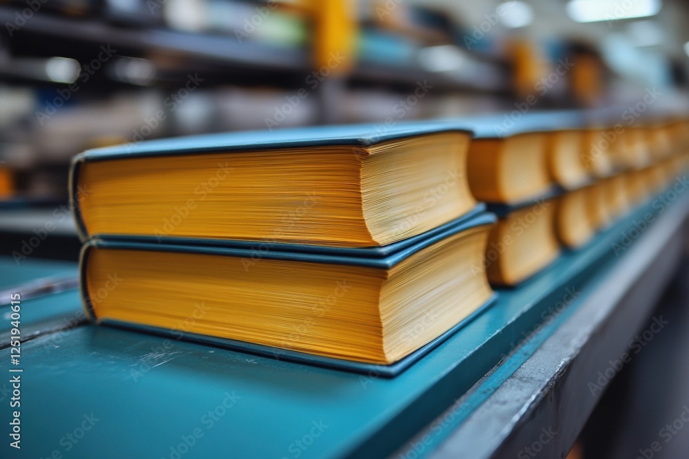 Poster stacked books with yellowed pages on a table in a library or storage area.