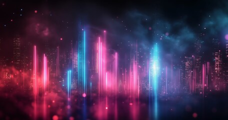 Obraz premium Colorful light display of city skyline with glowing beams in night setting