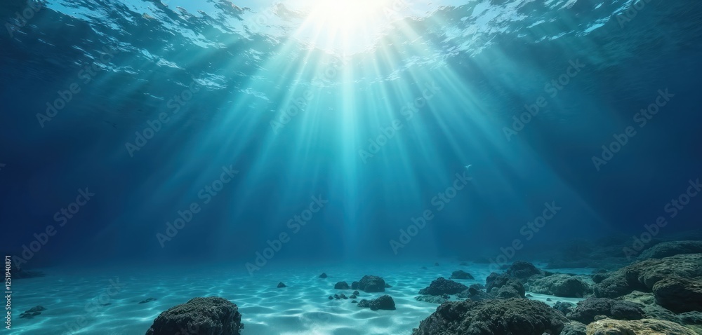 Poster Sunlight streams into deep blue ocean creating undersea scene with rocks on bottom. Rays of light penetrate clear turquoise water surface with ripple, diving depth. Sunbeam beams through liquid