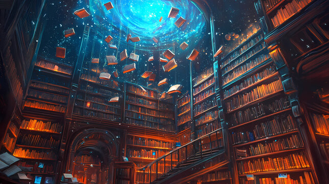 Enchanted ethereal library with infinite floating books rearranging in mysterious shelves. Infinite Libraries. Illustration