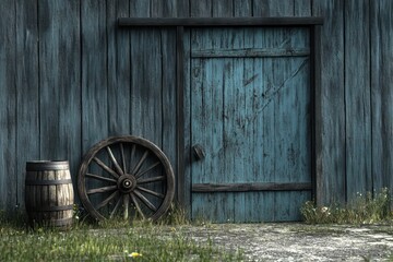 Obraz premium Rustic Barn Scene: Wooden Wheel, Barrel, and Weathered Door