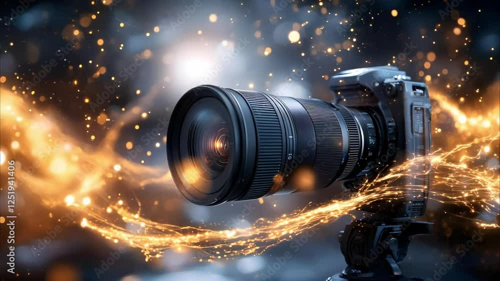 Poster a camera with a lens surrounded by swirling light and sparkles, creating a dynamic, artistic visual 