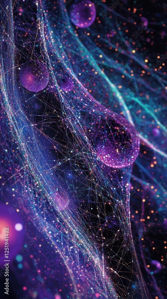 Poster abstract depiction of connected spheres with glowing lines and dots