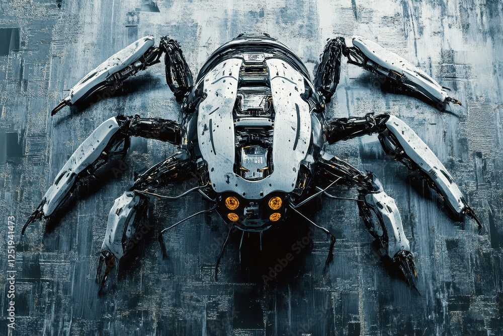 Poster futuristic robotic spider with visible mechanical components on surface