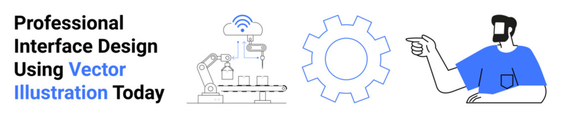 Robotic arm assembling on conveyor, large gear icon, man pointing for presentation or explanation. Ideal for technology, engineering, robotics, innovation, AI design, process automation flat landing