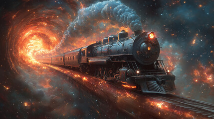 Steam locomotive traveling through cosmic space tunnel with glowing nebula clouds. Surreal transportation concept merging vintage and futuristic elements