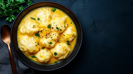 Creamy cheese dumplings in a rich, yellow sauce. A comforting and delicious meal.