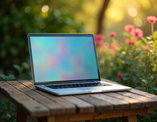 Mockup, Arbeiten im Grünen, Laptop auf Holztisch im Garten