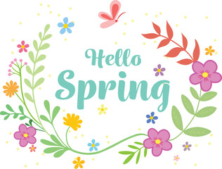 Hello spring vector logotype badge typography icon lettering season leaves flowers floral greeting card invitation template retro vintage banner poster abstract isolated white background