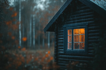 Cozy wooden house in a rainy forest setting