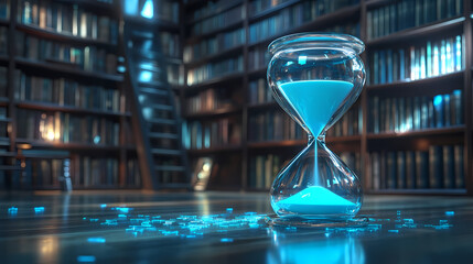 Hourglass of time in a library of infinite knowledge. Infinite Libraries. Illustration