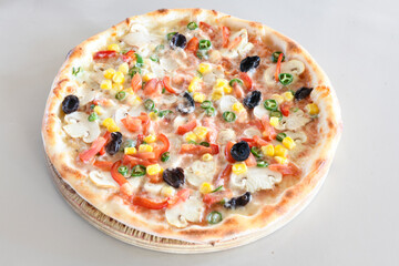 Traditional Turkish cuisine. Pizza, pita, pidesi, sucuk, hummus, kebab. Many dishes on the table. Serving dishes in restaurant. Mix, formaggi, veggie pizza. Top view, flat lay