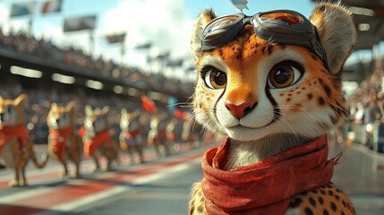 Anthropomorphic Cheetah Racer Ready for Competition at a Vibrant Race Track