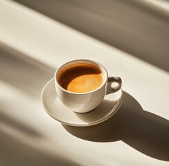 Warm cup of coffee resting on a white table with sunlight casting shadows