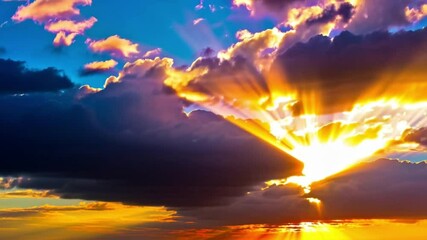 ,A stunning sunrise with a vibrant sky of colorful clouds and radiant sunbeams, creating a tranquil scene perfect for nature projects and inspirational content,