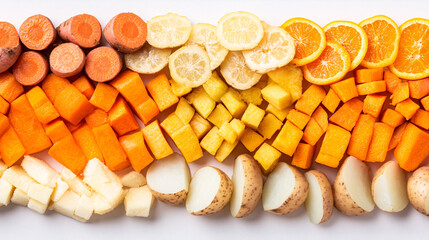 Fototapeta premium Colorful Gradient of Fresh Vegetables and Fruits Arranged in Rows