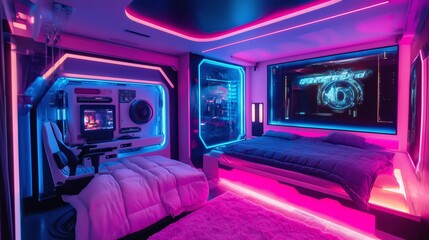 Obraz premium Cyberpunk-themed bedroom with neon pink and blue lighting, high-tech gaming setup, futuristic decor,